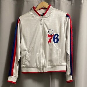 Philly 76ers Reebok Hardwood Classics White Jacket with Red Trim